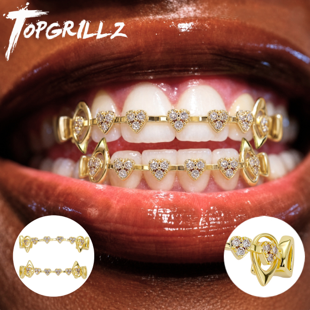 Body Jewelry Changing Kit - TOPGRILLZ Hohlherz-Grillz-Set mit Micro-Pavé-CZ, Ober- und