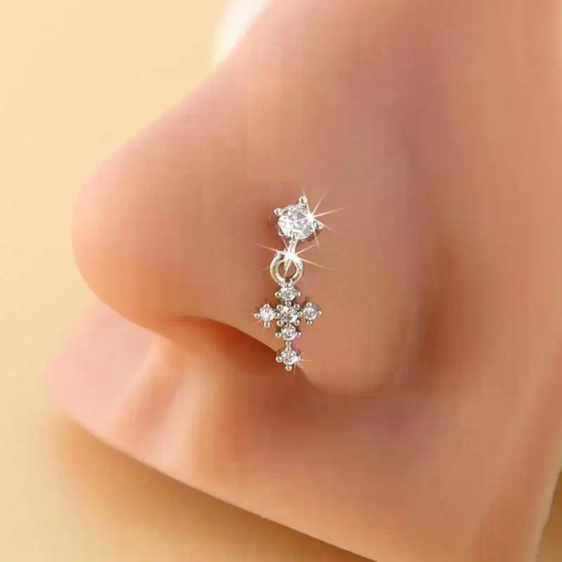 Body Jewelry Nose - Hängende Nasenringe für Frauen, Kreuz-Zirkon-Nasenpiercing-Schmuck, L-förmige