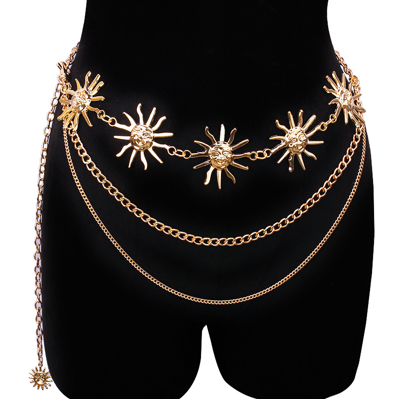 Body Jewelry Waist Chains - Klobige mehrschichtige Punk-Gothic-Mond-Sonnen-Taillenkette, Metall-Taillengürtel für Frauen,